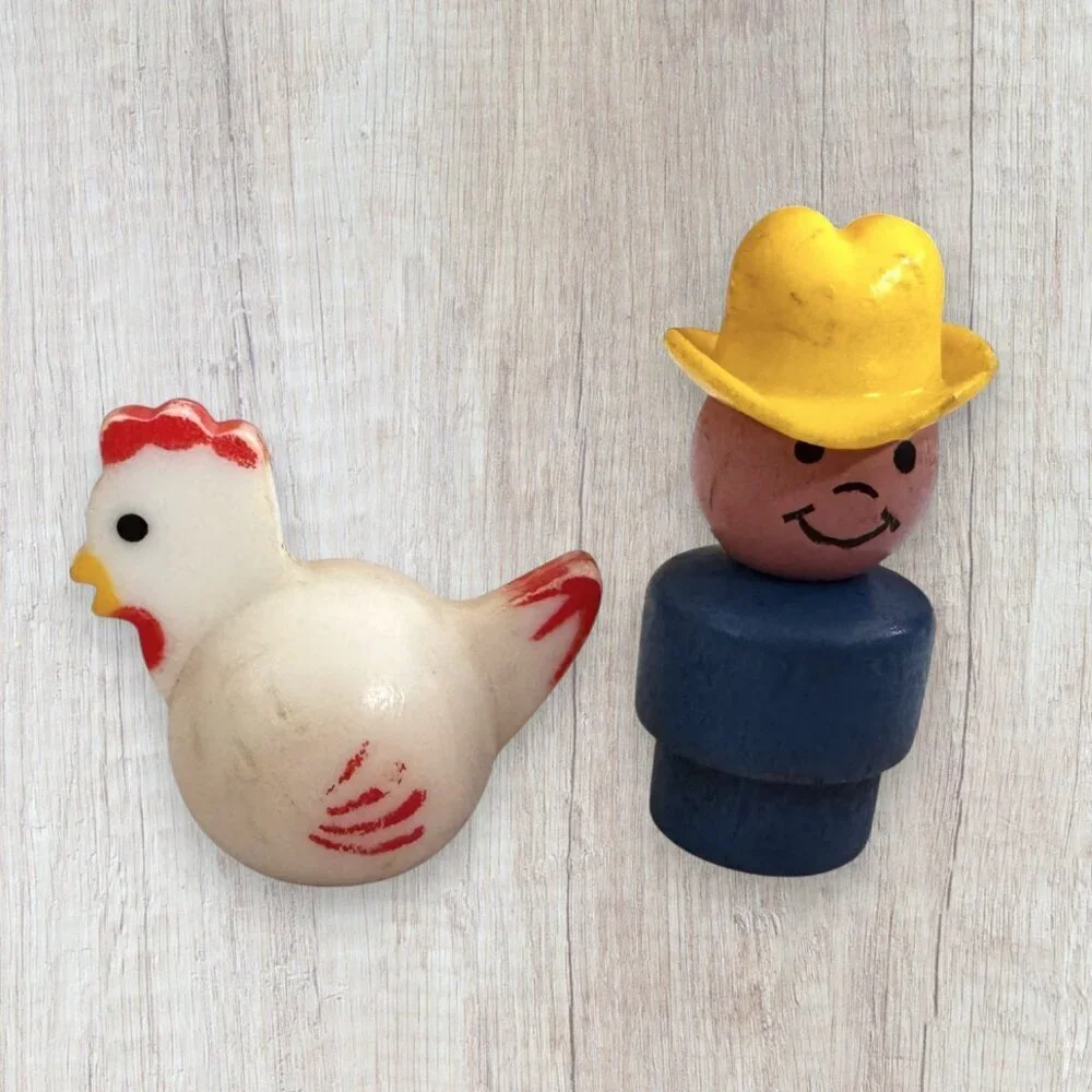 Vintage Fisher Price Wooden Farm Animals Cow Figures Chicken Farmer Lot